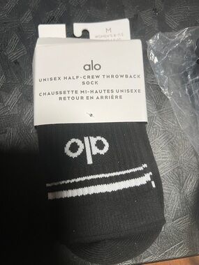 ALO Yoga Black Half-Crew Socks with White Logo Stripes